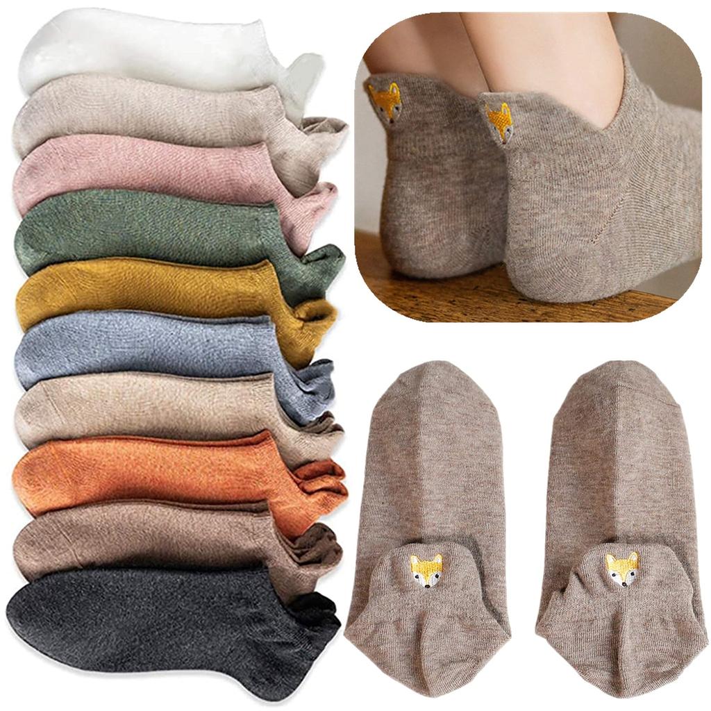 Embroidered 10 Pairs In 10 Foot Short Crew Short Socks with Cute Golden Fox 3D Suitable for All Seasons Socks, Colors, Covers, Socks, Women's Socks,