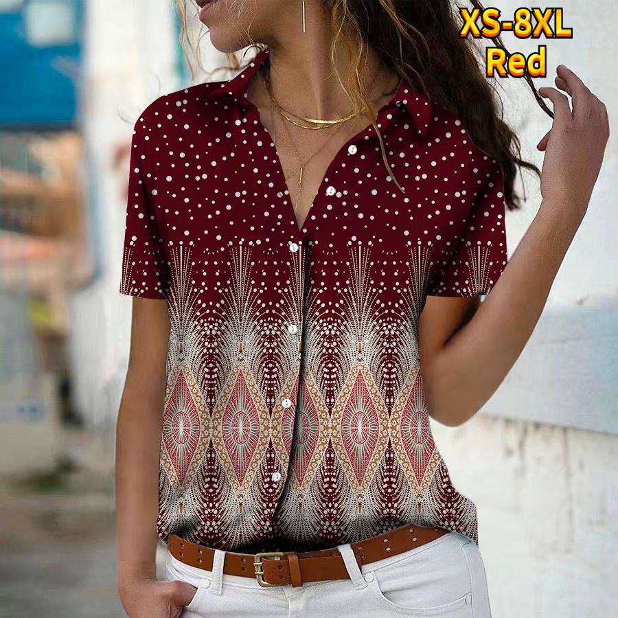 

Лето 2025 Новая Мода Женская Рубашка Топ с Коротким Рукавом, V-образным Вырезом, Пуговицами, в Стиле Ретро с Принтом 8XL красный