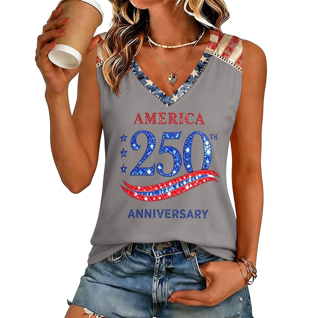 Womens V Neck Short Sleeve T Shirt Casual Fit Letter Print Top Comfortable Lightweight Pullover Tee America 250 Anniversary Design