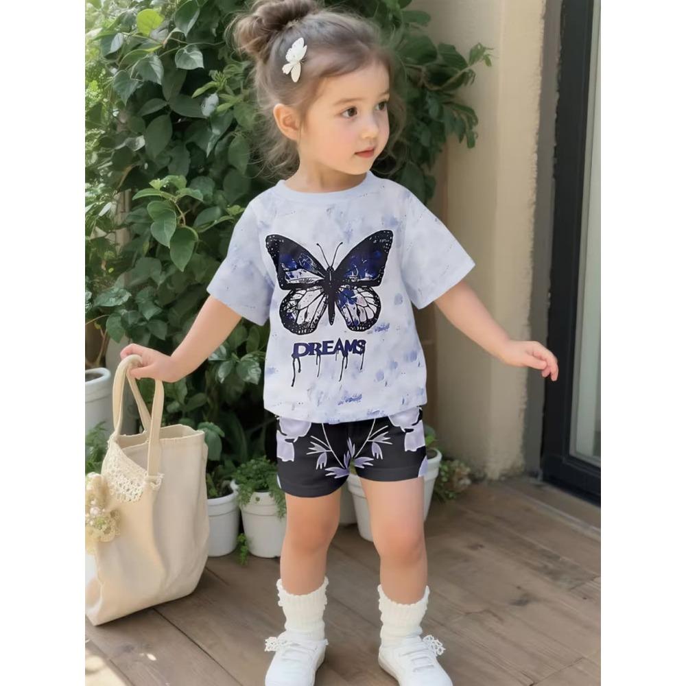 2-Piece Summer Children's Comfortable Cute Butterfly 3D Print Short Sleeve Shorts Set for Boys and Girls Casual Home Outdoor Set