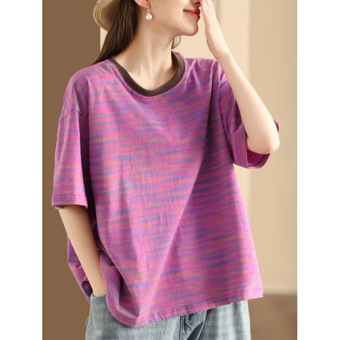 New Style of Literary Retro Women's Short-sleeved T-shirt In Summer Loose Pullover Striped Versatile Casual Belly Covering Top