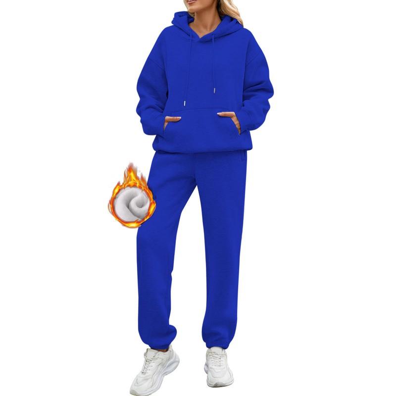 Womens Solid Color Long Sleeve Hooded Fleece Lined Sweatshirt Casual Pants Set Winter