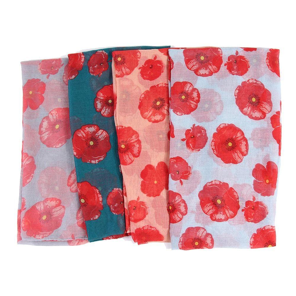 Colorful Poppy Print Scarf 180*90cm Smooth Poppy Floral Shawl Breathable Cotton Voile Poppies Floral Wrap for Women Ladies