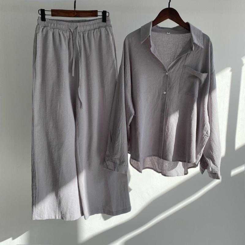 Women's Retro Two-Piece: Loose Shirt & High Waist Wide Leg Pants Suit