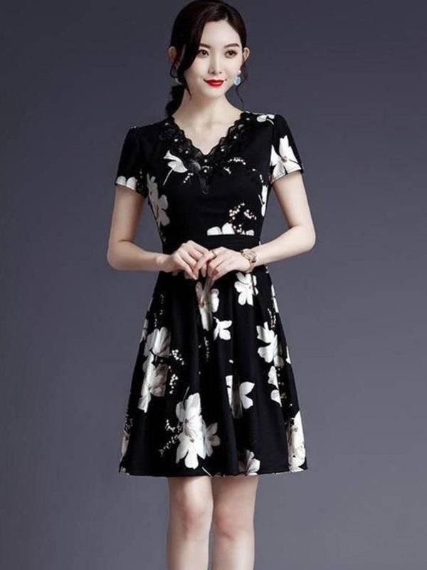 Korean Style Women's Elegant Black Slimming Floral V-Neck Short Sleeve Summer Dress