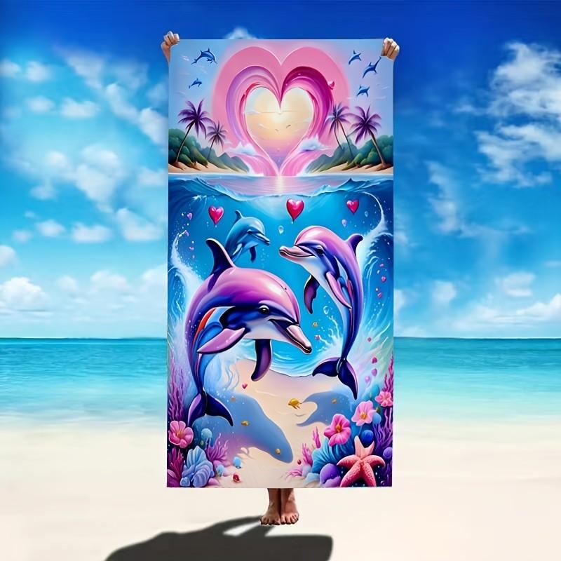 Romantic Ocean Cartoon Style Heart Dolphin Coral Seaside Scenery Print Quick Dry Sand Resistant Microfiber Large Beach Towel