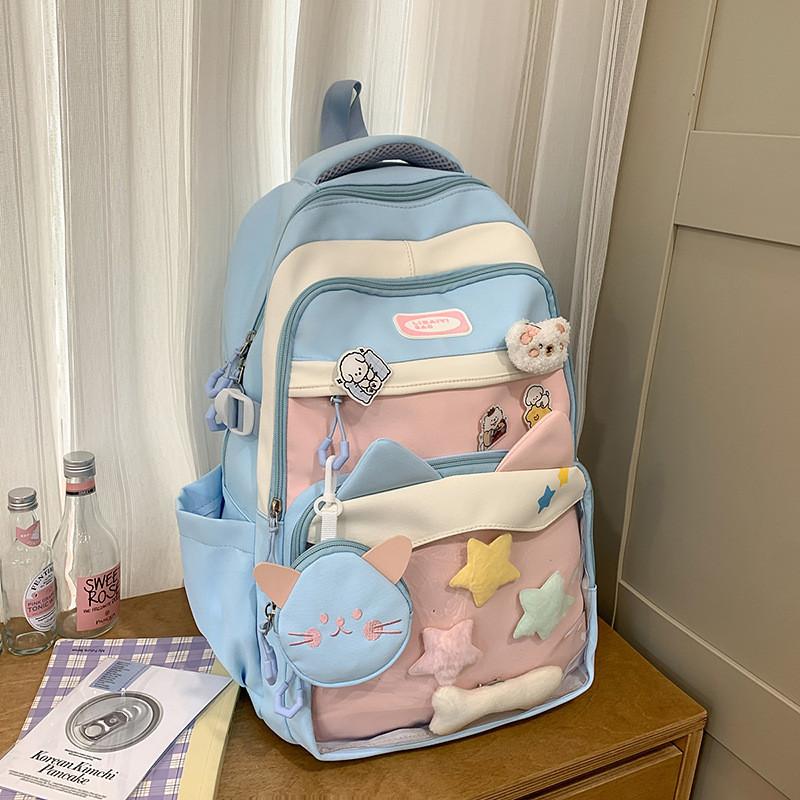 Color Fashion Blocked Cat Ear Design Student Backpack With Pendant And Badge