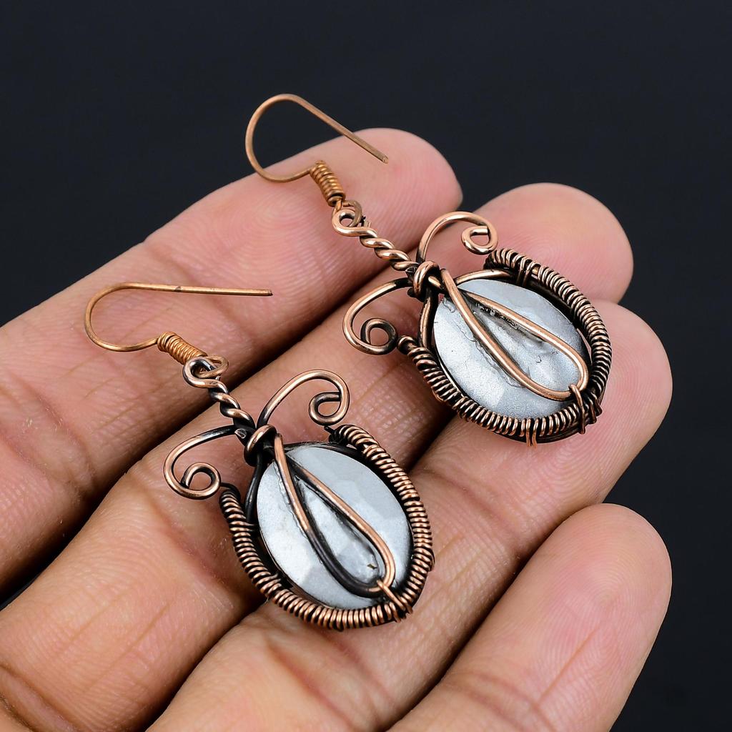 White Topaz 999 Copper Wire Wrapped Earrings, Handmade Gemstone Jewelry Earrings For Memorial Day