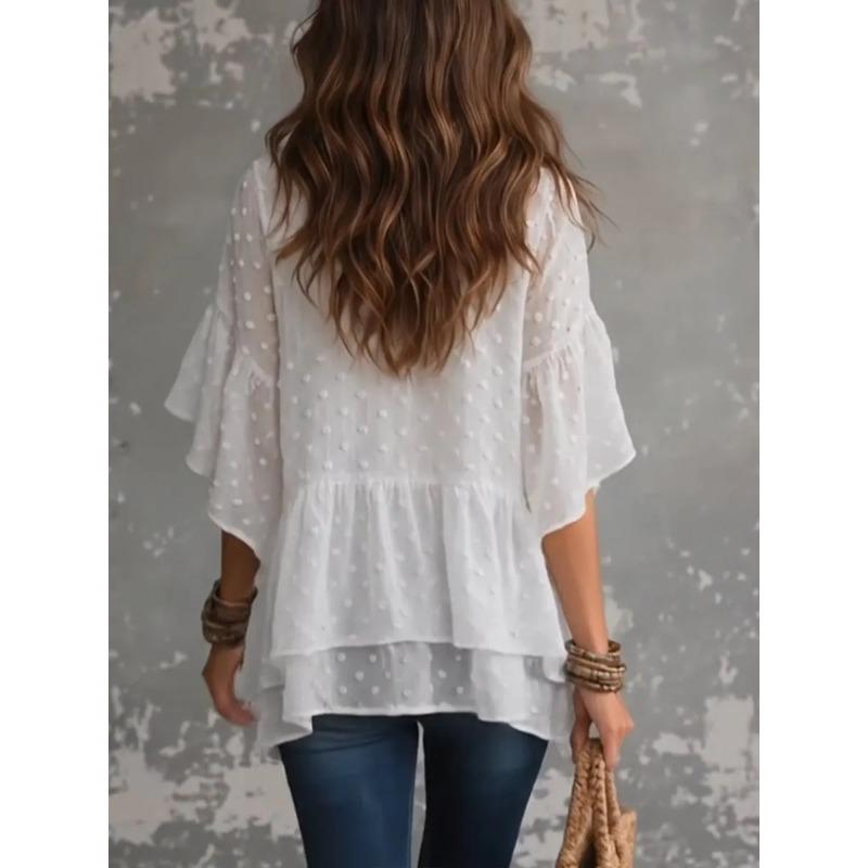 Women S Bohemian Style Chiffon Shirt Loose Round Neck Flared Sleeve Irregular Hem Top