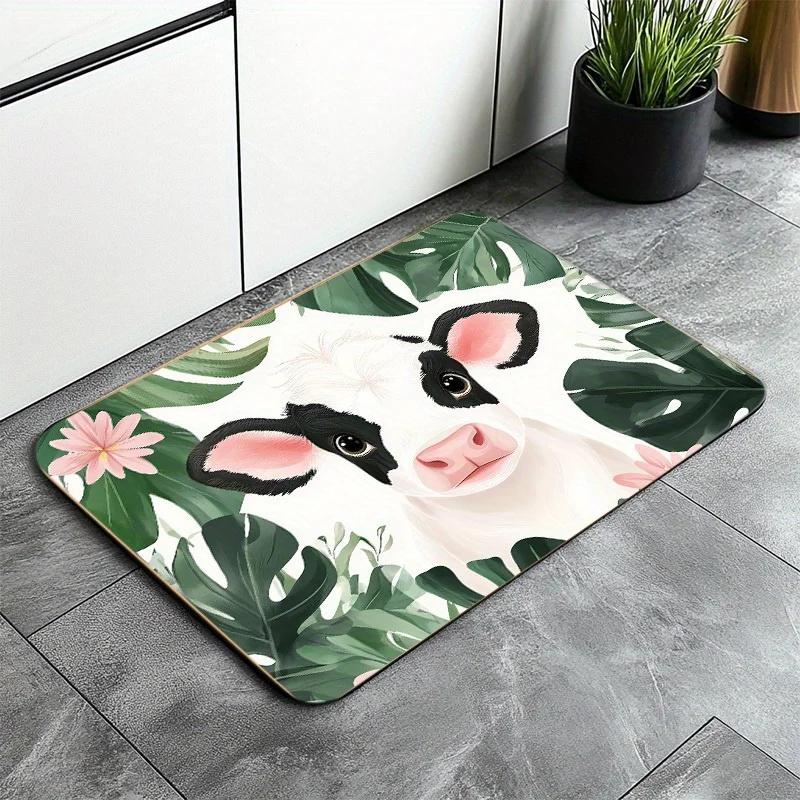 1pc Cute cartoon cow pattern doormat, polyester fabric, machine washable, suitable for bedroom and living room decoration