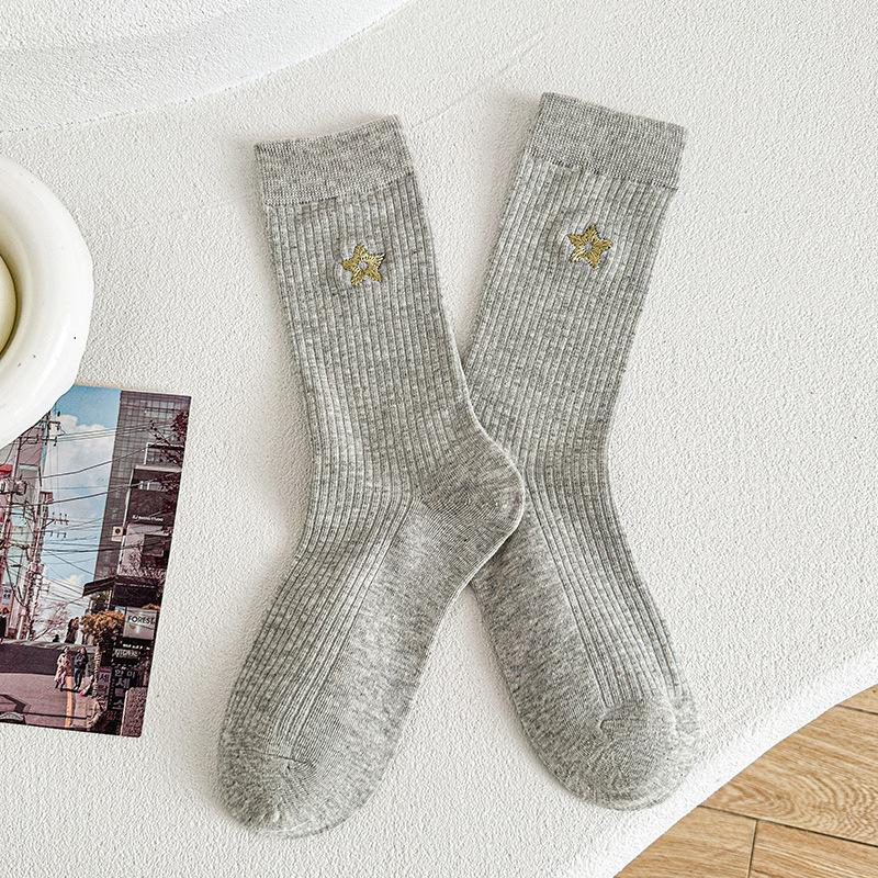 Dui Dui Socks Women's Spring Five-pointed Star Embroidered Mid-calf Socks Pull A Long Calf Sock