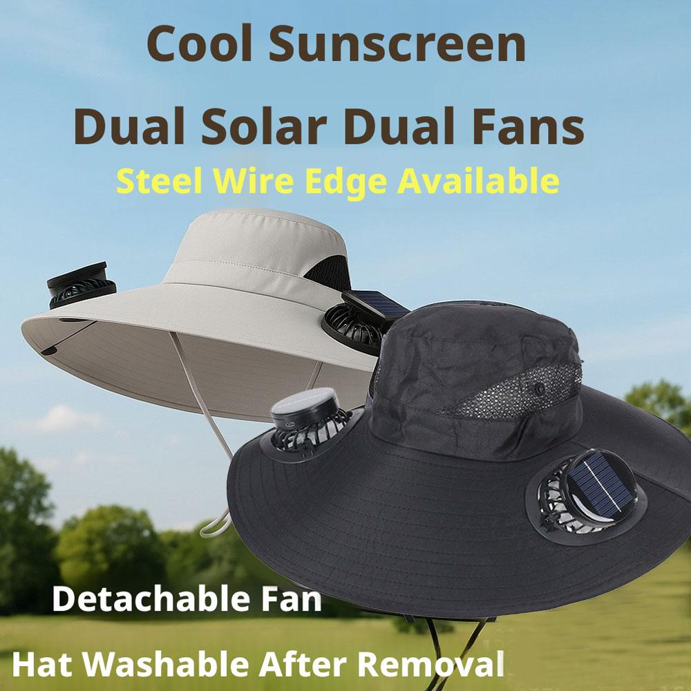 Outdoor Summer Sun Hat With 2 Solar Fan Large Wide Brim Sun Protection Hat For Outdoor Fishing Hiking Camping Travel Cooling Cap