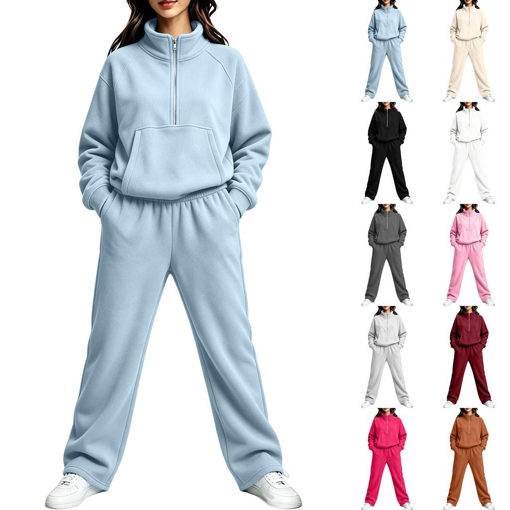 Women's Lined Half Zip Hoodie and Wide Leg Pants 2 Piece Sweatsuit for Fall Winter