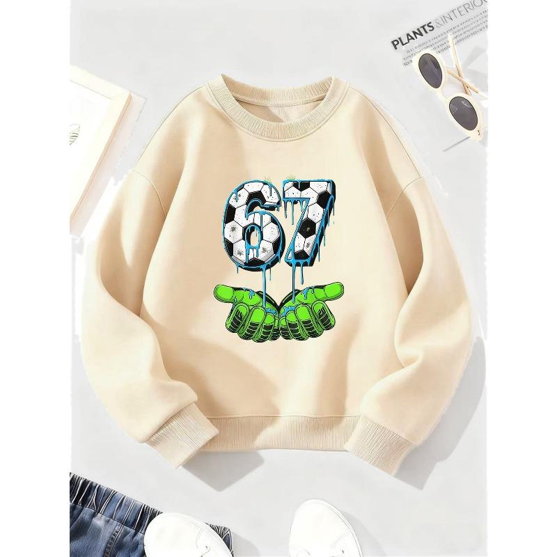Kids Unisex Crewneck Sweatshirt, Dripping Soccer Texture Number 67 With Neon Green Cartoon Cupped Hands Print Pullover For 7th Birthday Soccer Fan