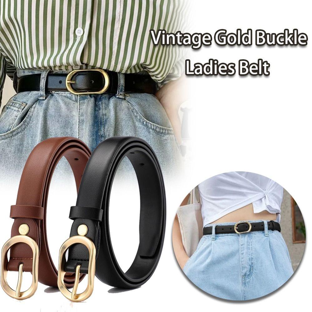 

Aristocratic Ladies Belt Vintage Gold Buckle Black Brown Thin Waist Belt Soft PU Leather Belts чорний