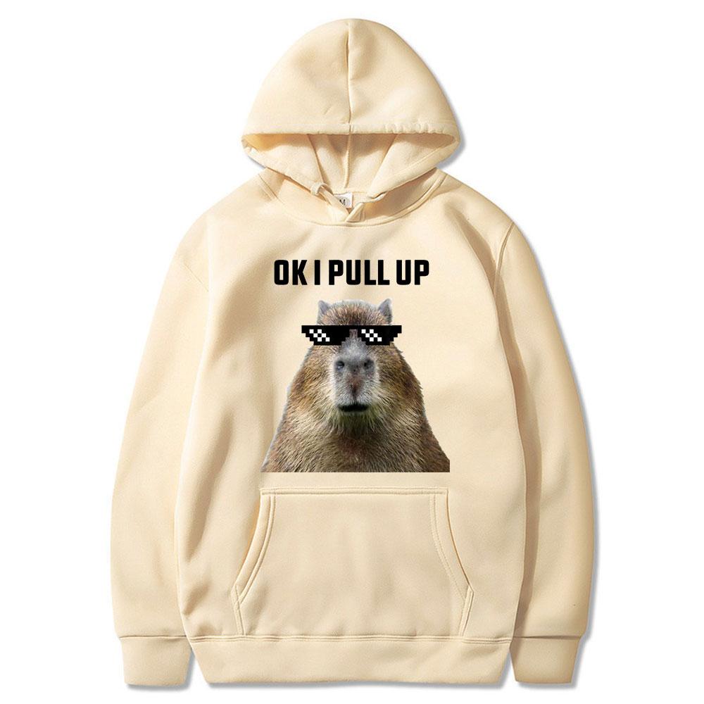 Funny Ok I Pull Up Capybara Print Hoodie Men's Fashion Casual Oversized Hooded Sweatshirts Gothic Pullovers Clothes for Teens