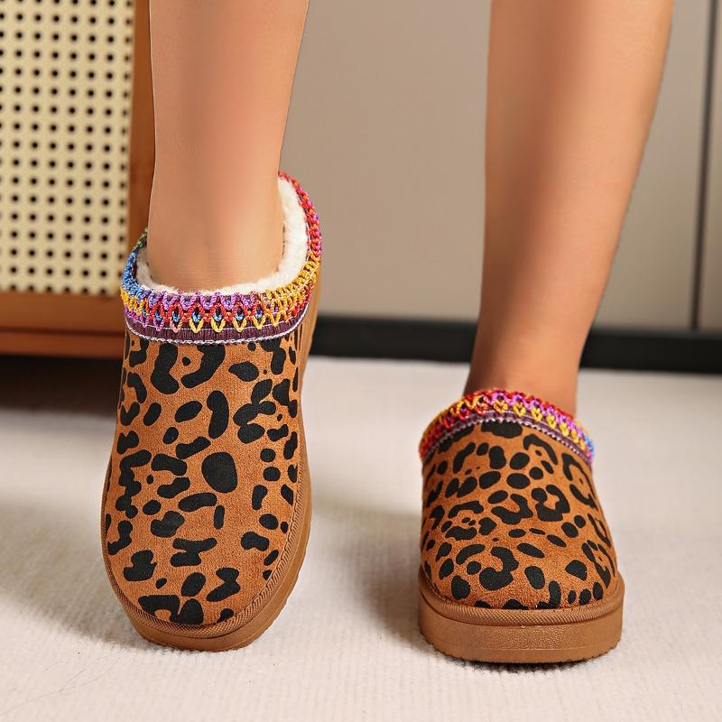 Fashion Snow Boots for Women 2024 Winter New Style Leopard Print Thick Sole Heelless Fur Half Slippers Cotton Shoes Warm Boots