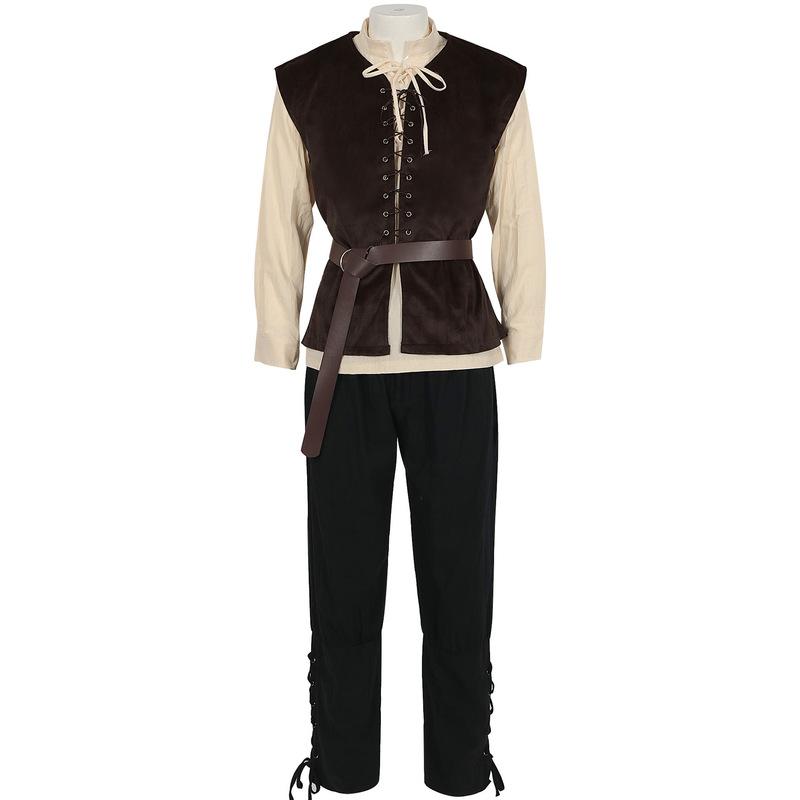 4 Pcs Men's Halloween Renaissance Costume Set Medieval Vest Shirt Ankle Banded Pants Viking Belt Armband Pouch