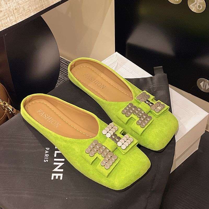 

Модные металлические балетки с квадратным носком, женские тапочки, женские сандалии, новая модная обувь-слайдеры на распродаже, шикарные элегантные туфли по низкой цене, акция, мюли 35 зелёный