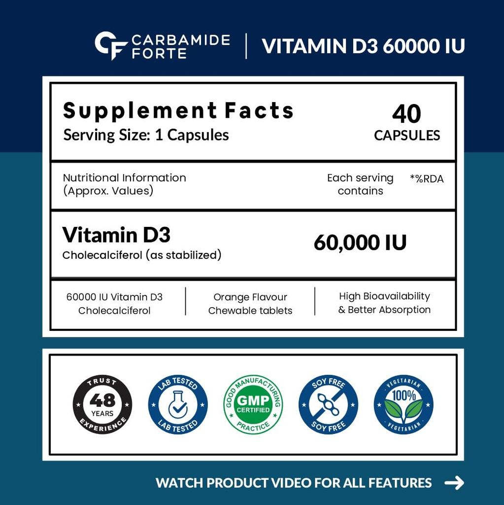 Carbamide Forte Vitamin D3 60000IE 90 Tabletten für Männer & Frauen | Immununterstützung, Knochengesundheit, Orangenaroma -