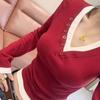 Contrast color German velvet V-neck fake two-piece button long-sleeved women's autumn new thin slim-fitting thermal top