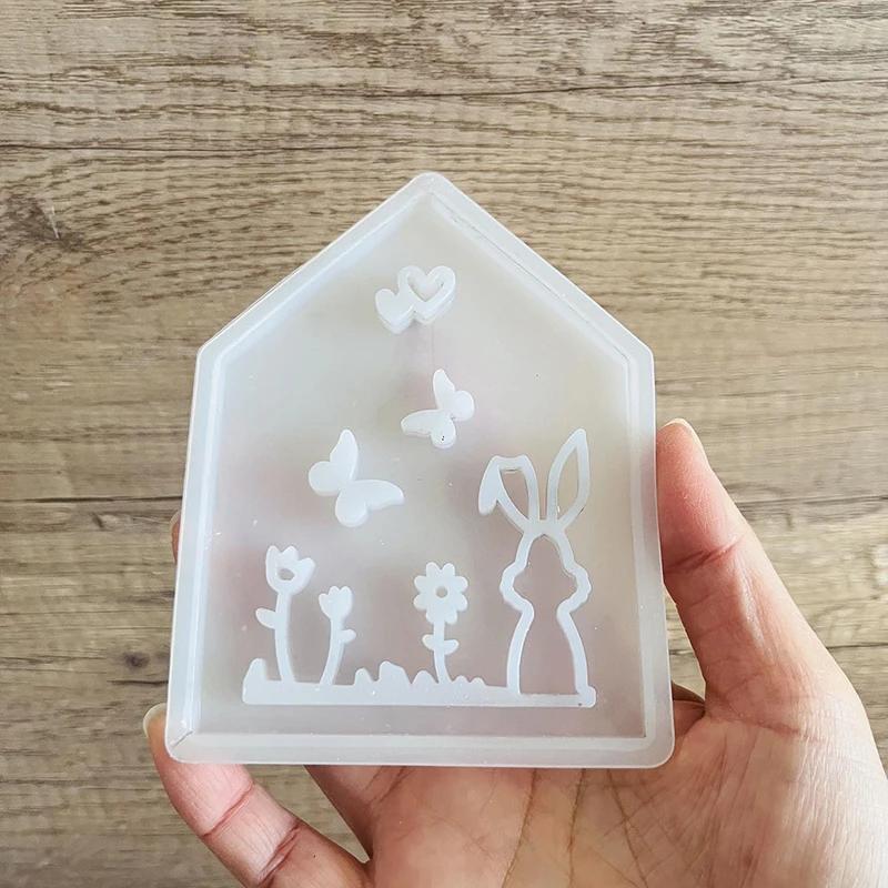 A Top Quality Hollow Bunny Rabbit House Decoration Silicone Mold Easter House Light Strings Holder Plaster Mold Handmade Decor