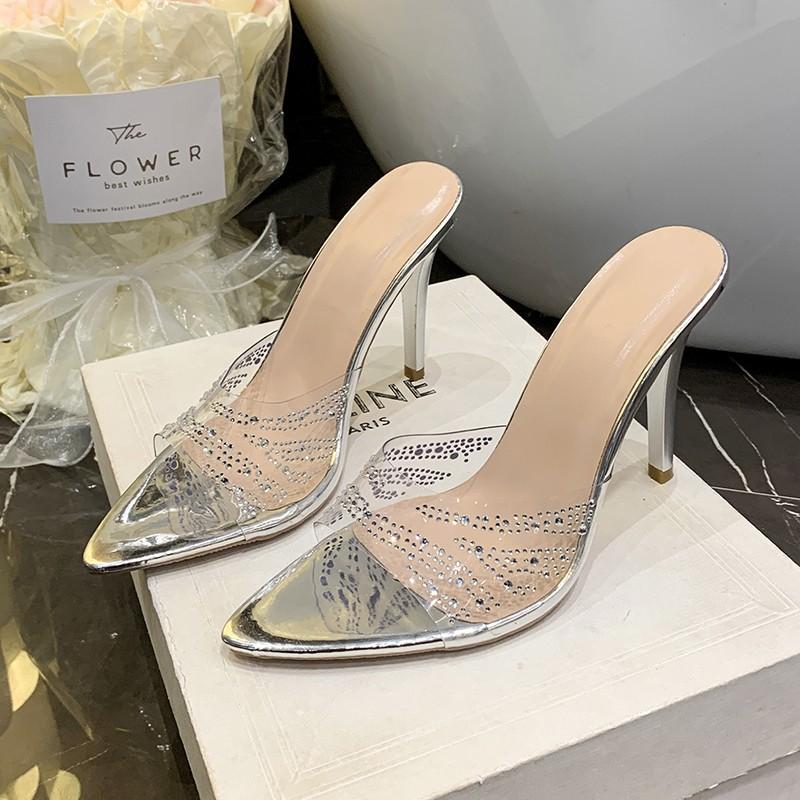 2025 summer women's thin-heeled rhinestone high-heeled slippers with skirts, pointed high heels, fashionable and not tiring for daily wear