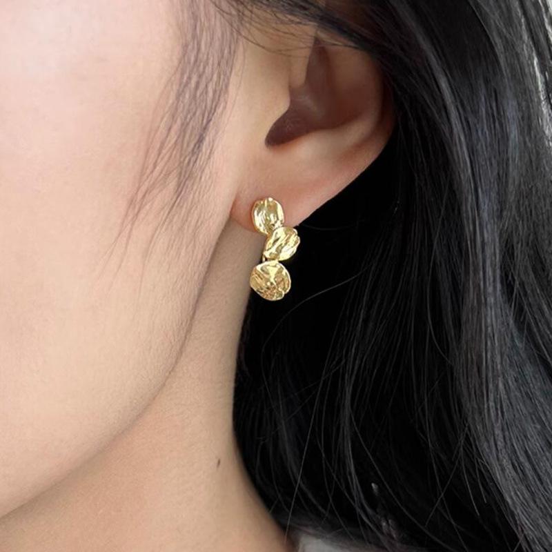 Japanese & Korean Irregular Gold Leaf 925 Silver Stud Earrings for Women