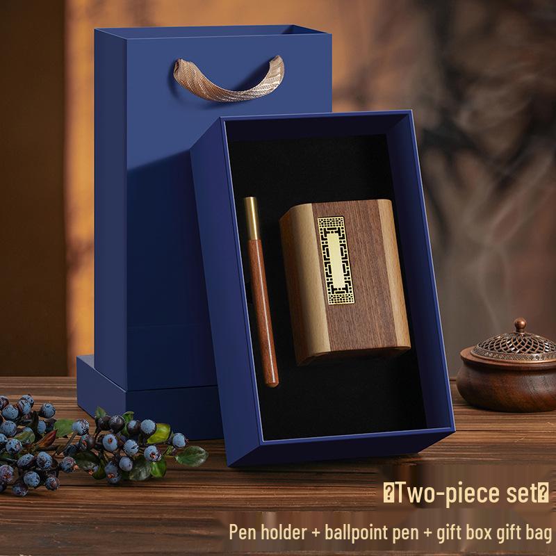 National Style Wood Pen Holder Gift Set: Creative Office Storage Box & Thermos Cup, Customizable Logo