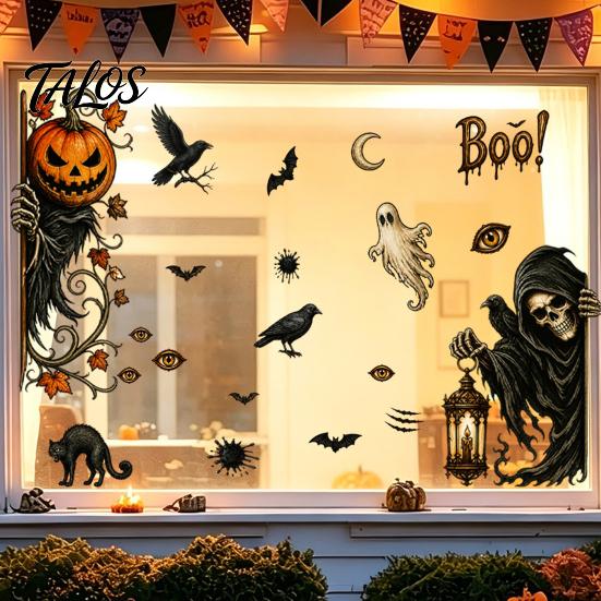 Horror Atmosphere Party Decor 6Pcs Halloween Window Stickers, Ghost Pumpkin Grim Reaper Wall Decals, Easy Installation Stickers Self-Adhesive