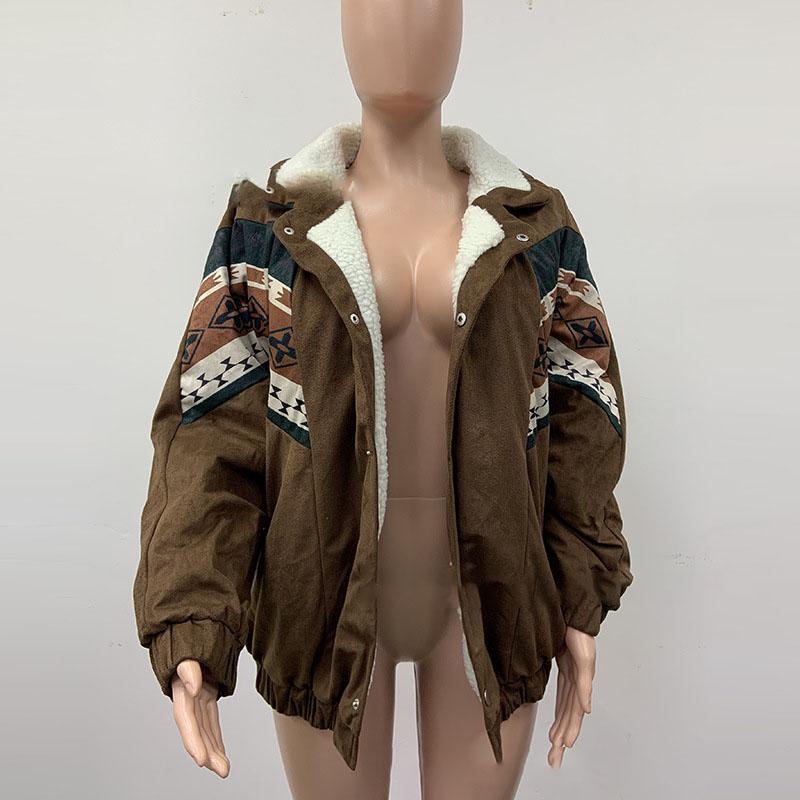 

Повседневная куртка из хлопка с длинным рукавом и принтом в стиле пэчворк, женская свободная теплая куртка в стиле Харадзюку, однобортная верхняя одежда из синтетической овечьей шерсти на молнии S коричневый