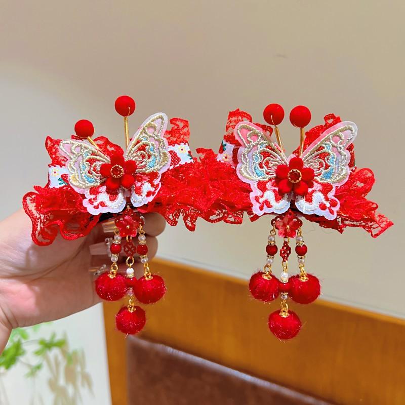 Hanfu Kopfschmuck Kinder Neujahr Haarnadel Niedlich Süß Chinesischer Stil Rote Haarspangen Quaste Antiker Stil Haarspange