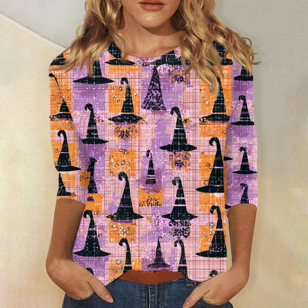 Women's Fashion Casual Three-quarter Sleeve Halloween Printed Round Neck Top