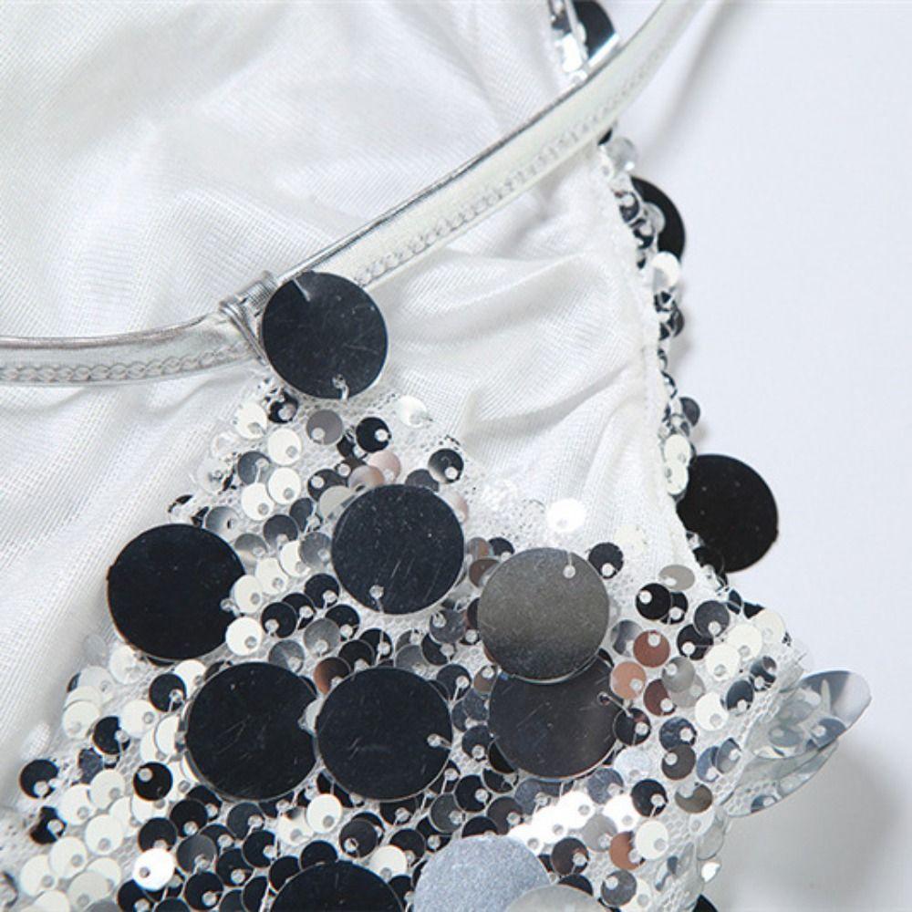 Beachwear Silver Sequin Camisole Short Women's Lace-Up Vest Design Glitter Tank Top Vacation