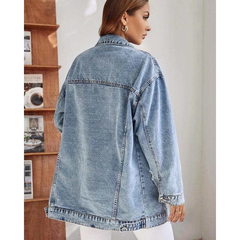Vestes en jean décontractées surdimensionnées pour femmes, manteaux en jean déchirés mi-longs vintage