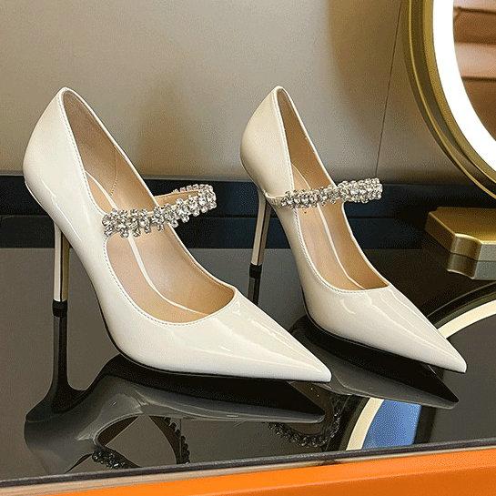 Fashion Rhinestone Line With High Heels Shallow Mouth French Single Shoes With Dress Wedding Shoes Woman