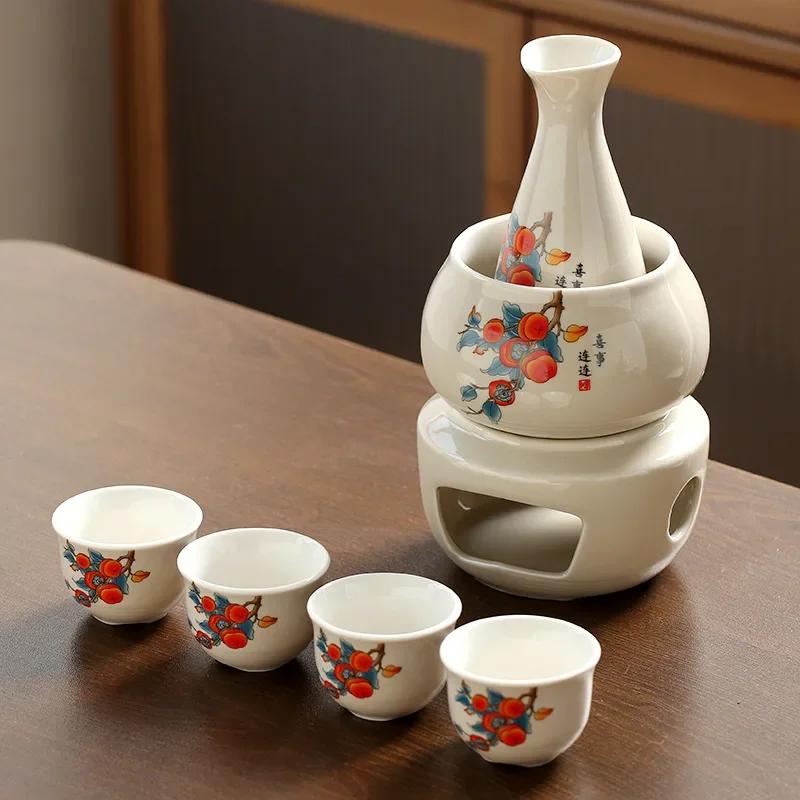 Janpanese Sake Set with Wamer, Ceramic 7pcs Wine Set with 1 Carafe 4 Sake Cups 1 Sake Warmer 1 Candle Stove