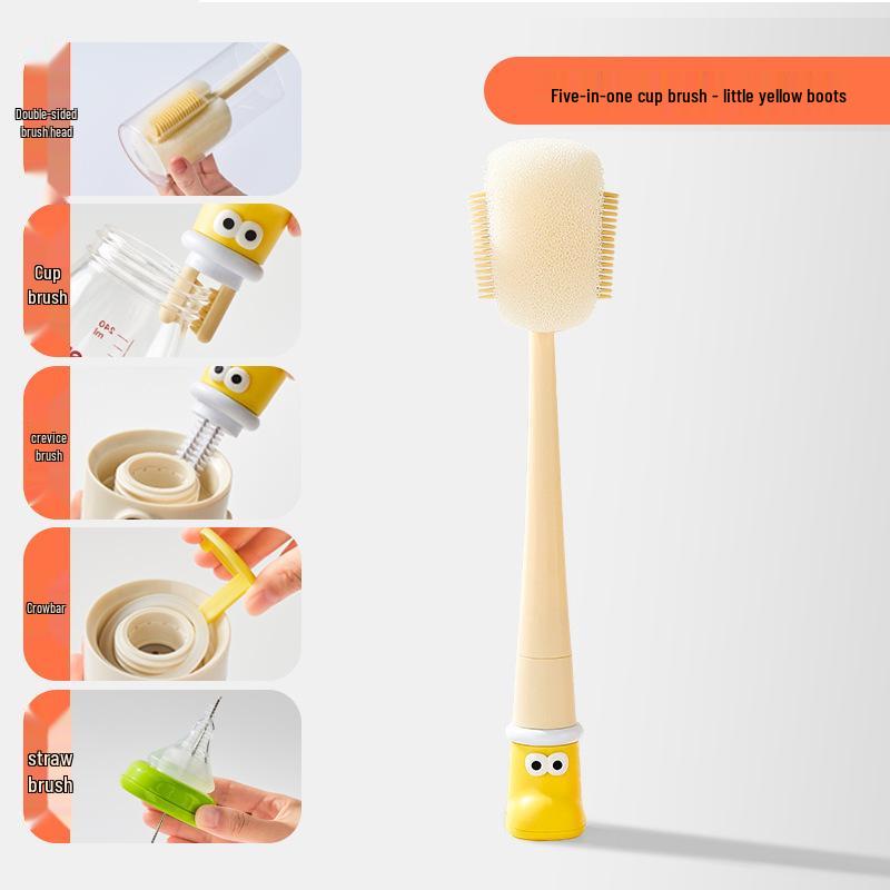 Five-in-One Long Handle Brush Set: Multi-functional for Small Boots, Insulated Cups, Baby Bottles, and Cleaning Sponges.