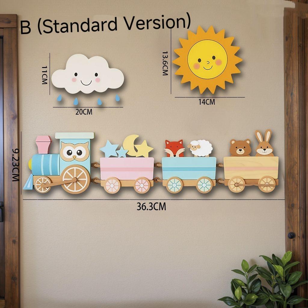 Cute Cartoon Train & Rainbow Wall Decor, Wooden Hanging Art for Kids Room