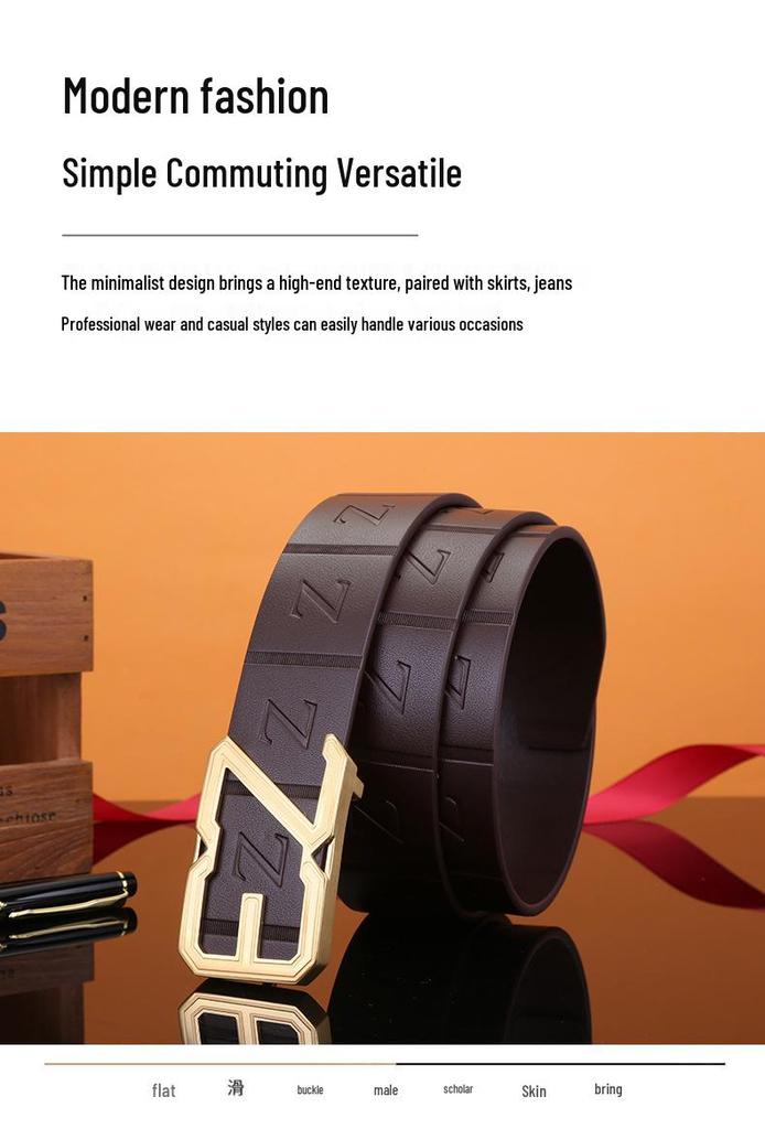 Men's Stainless Steel Z Letter Belt, Genuine Leather, Smooth Buckle, Top Layer Cowhide, Trouser Belt