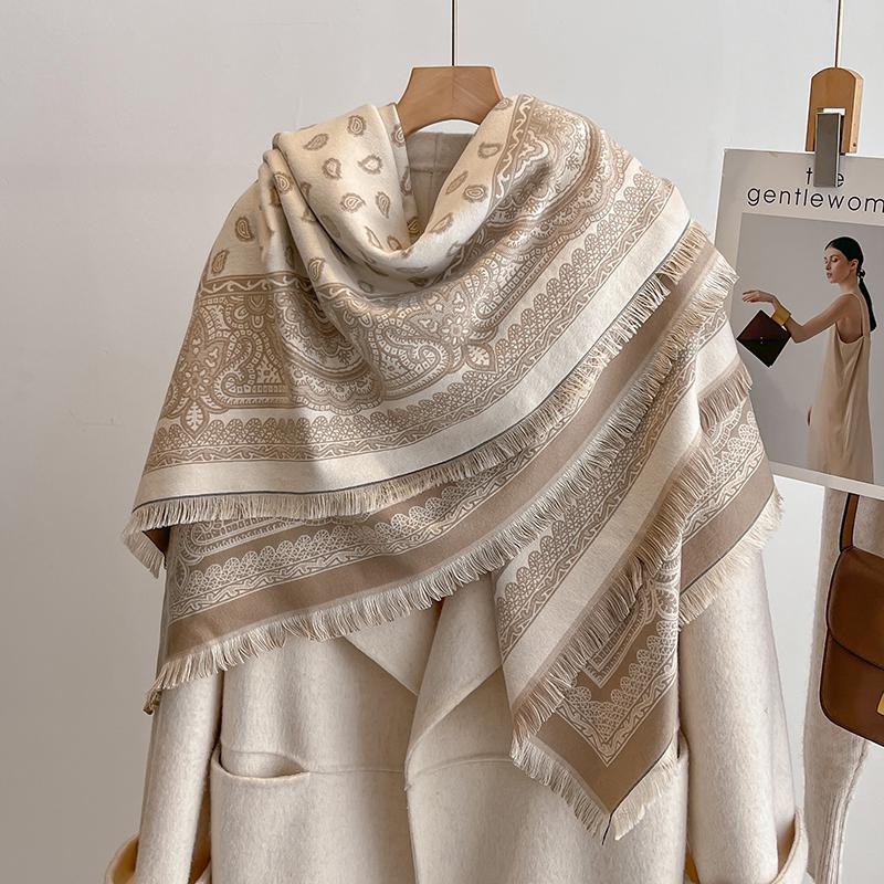 

Women S Fashion Faux Cashmere Winter Scarf Vintage Print With Tassels Thick Warm Pashmina Two-Sided Wrap Outdoor Shawls Foul