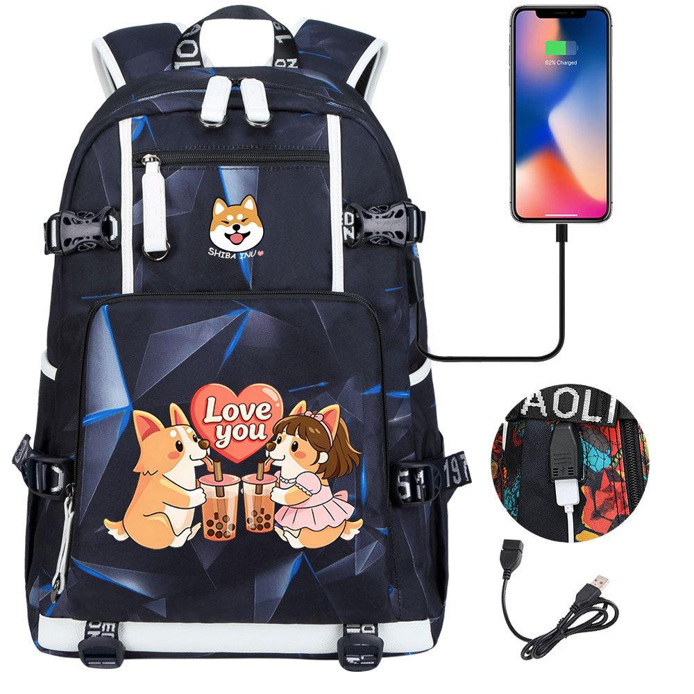 Cute Shiba Inu Corgi USB Charging Backpack for Middle High School Students Travel Casual Daypack