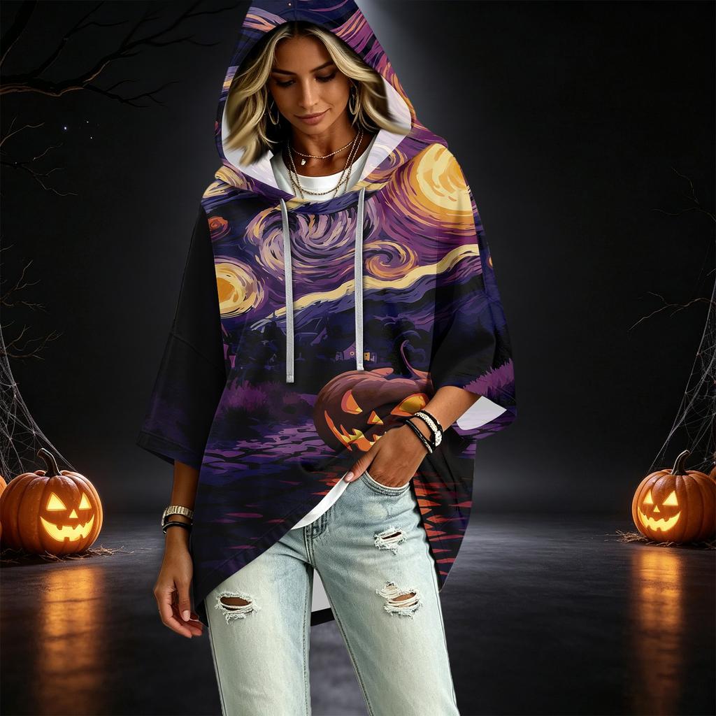 Women's Fashionable Three-Quarter-Sleeve Halloween-Printed Hooded Pullover