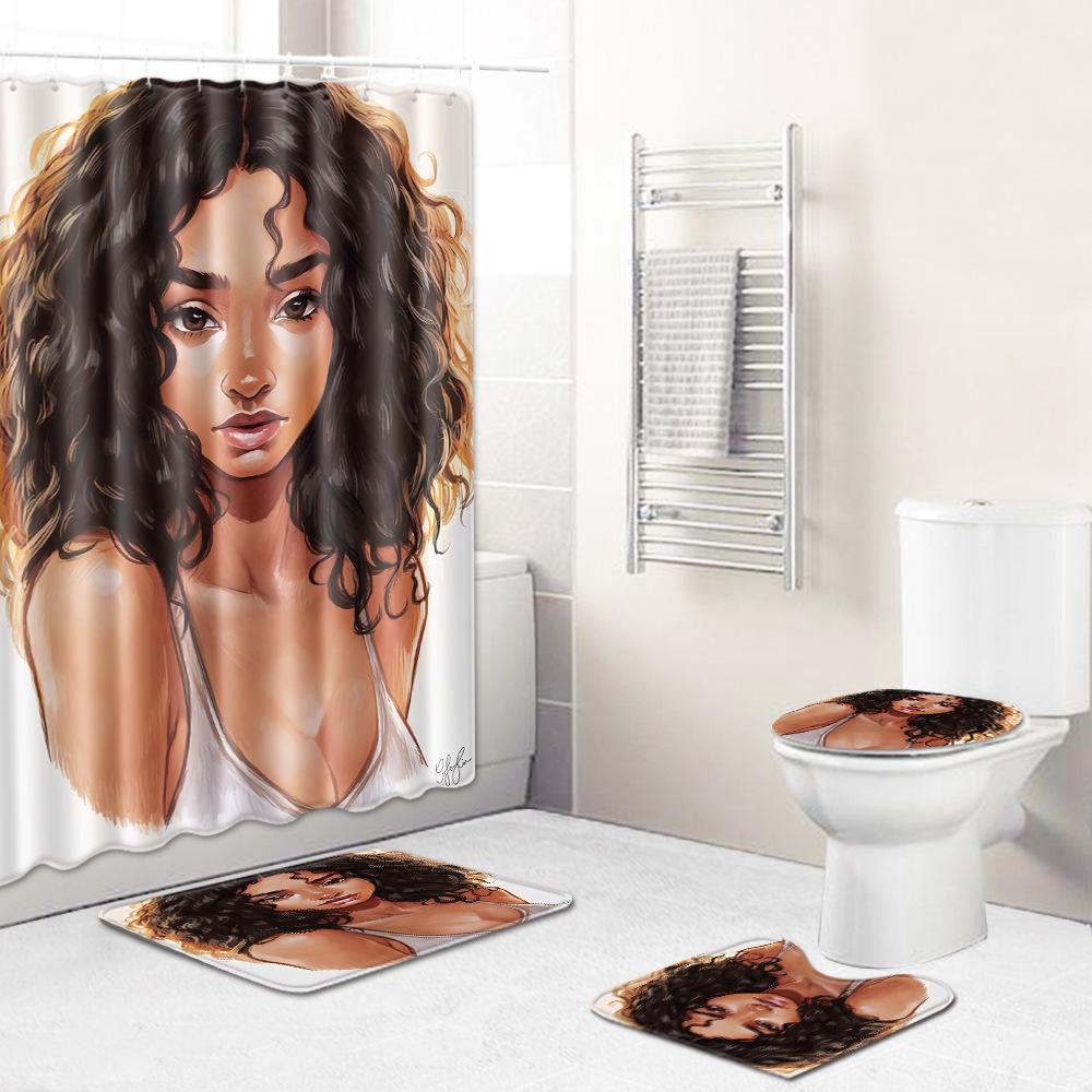 African American Women'S Bathroom Four-Piece Combination Set Household Door Mat Absorbent Non-Slip Floor Mat Carpet