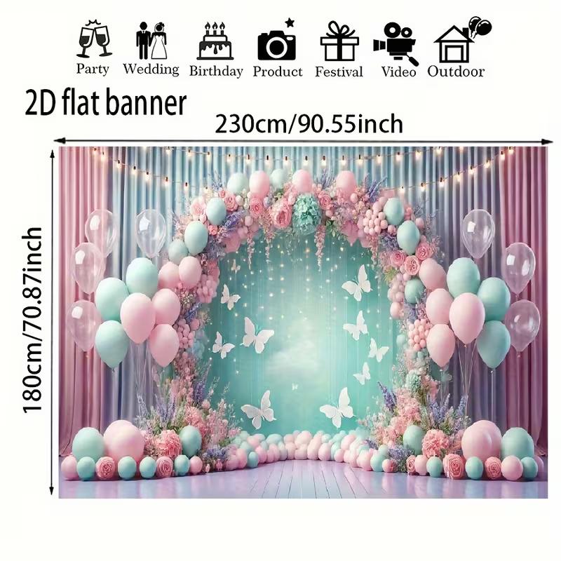 2D Soft Pink Mint Curtain Backdrop, Balloon and Butterfly Background for Wedding and Gender Reveal