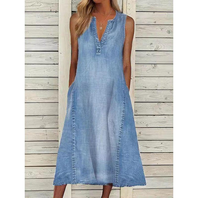 Solid Color Sleeveless V-neck Denim Dress Solid Sleeveless V-neck Dress