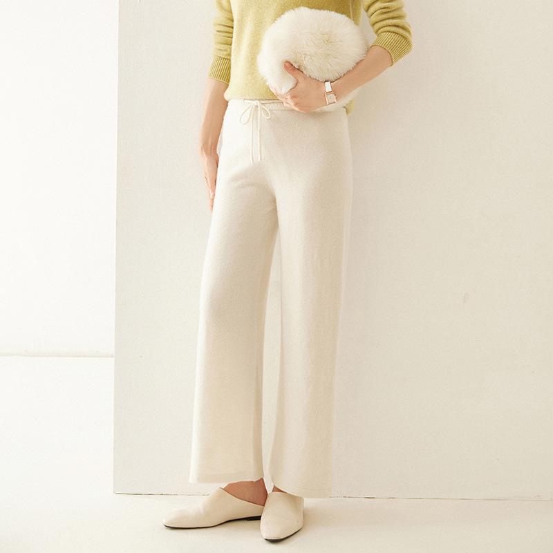 

Женские кашемировые брюки с высокой посадкой и широкими штанинами - Осенне-зимние свободные брюки длиной в пол прямого кроя вязаного стиля XL (suitable for height 165cm-170cm)