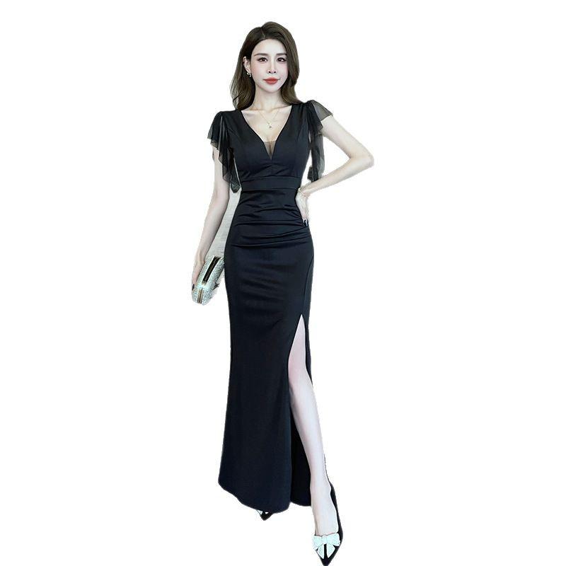 Elegantes V-Ausschnitt Abendkleid mit Schlitz - Figurbetonter Langer Rock