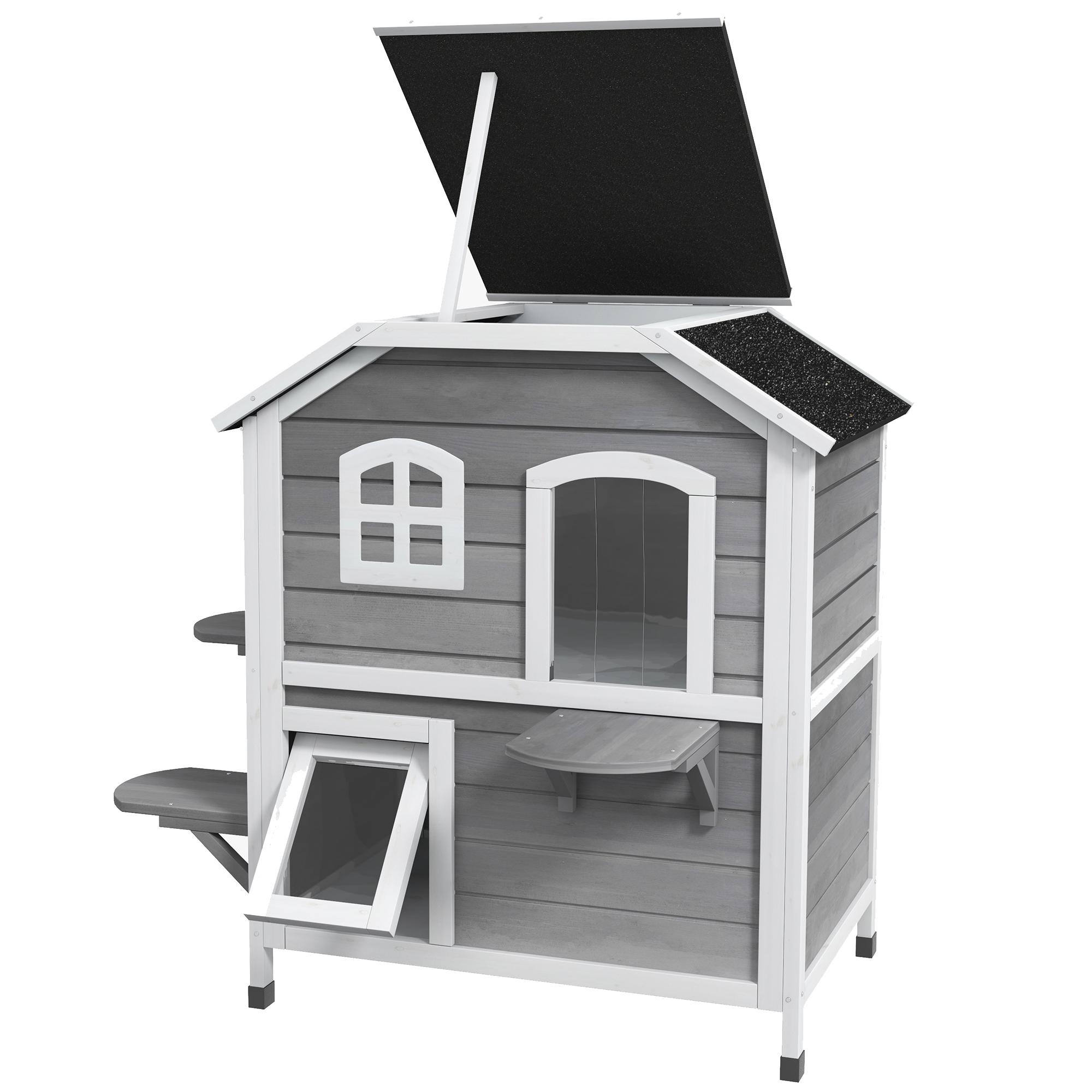 Maisonnette pour chat à 2 étages Enclos extérieur étanche pour chat en bois avec porte de sortie Toit ouvrant Plateformes de saut Gris