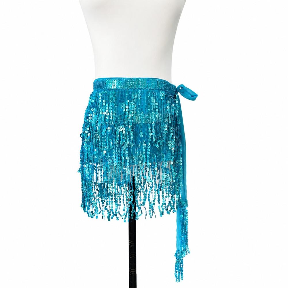 Adjustable Tie Waist Belly Dance Hip Scarf Three Layer Glitter Skirt  for Festival/Vacation